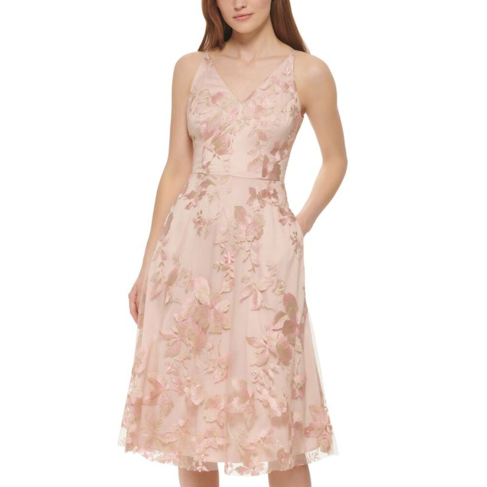 Vince Camuto Womens Embroidered Mesh Midi Dress